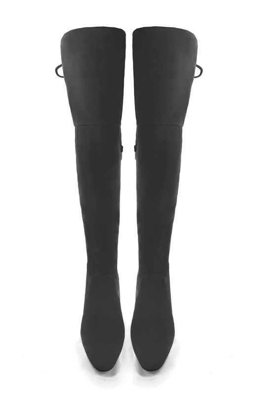 Dark grey women's leather thigh-high boots. Round toe. High block heels. Made to measure. Top view - Florence KOOIJMAN